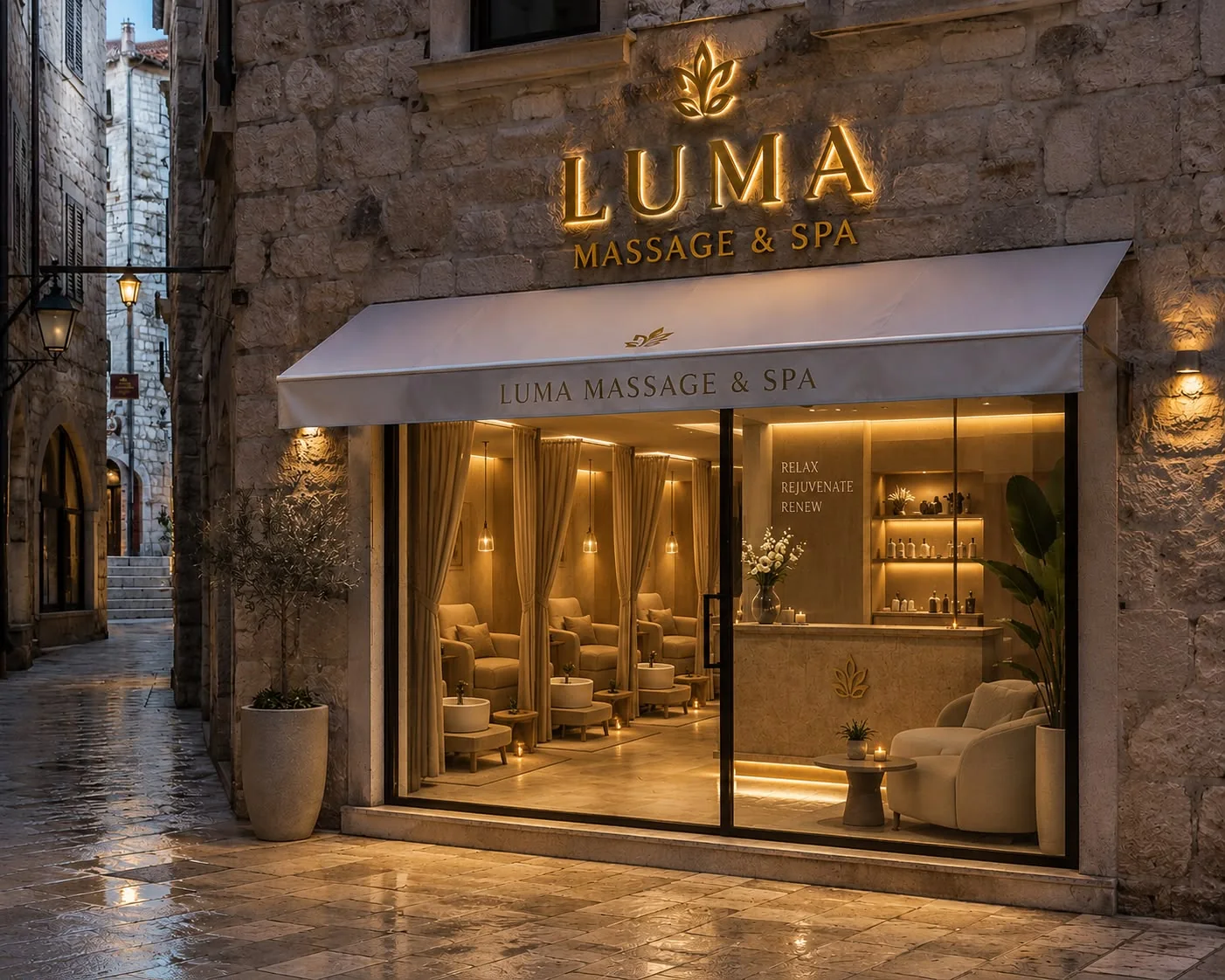 AI концепт за Luma Massage & Spa фасада со топла светлина